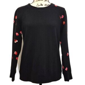 Kate Spade Cherry Blossom Jacquard Sleeve Sweater S Black Crewneck Knit Pullover